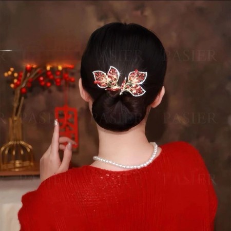 Whale Tail Rhinestone Flower Hair Bun [ RED ]